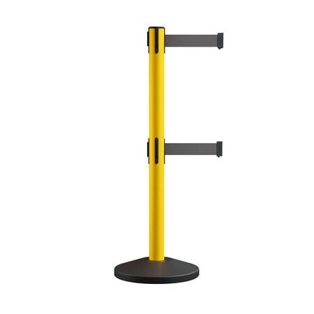 Montour Line Retractable Dbl Belt Rolling Stanchion, 2.5in YW Post 7.5'Dk Gry Belt ES400D-YW-DGY-75